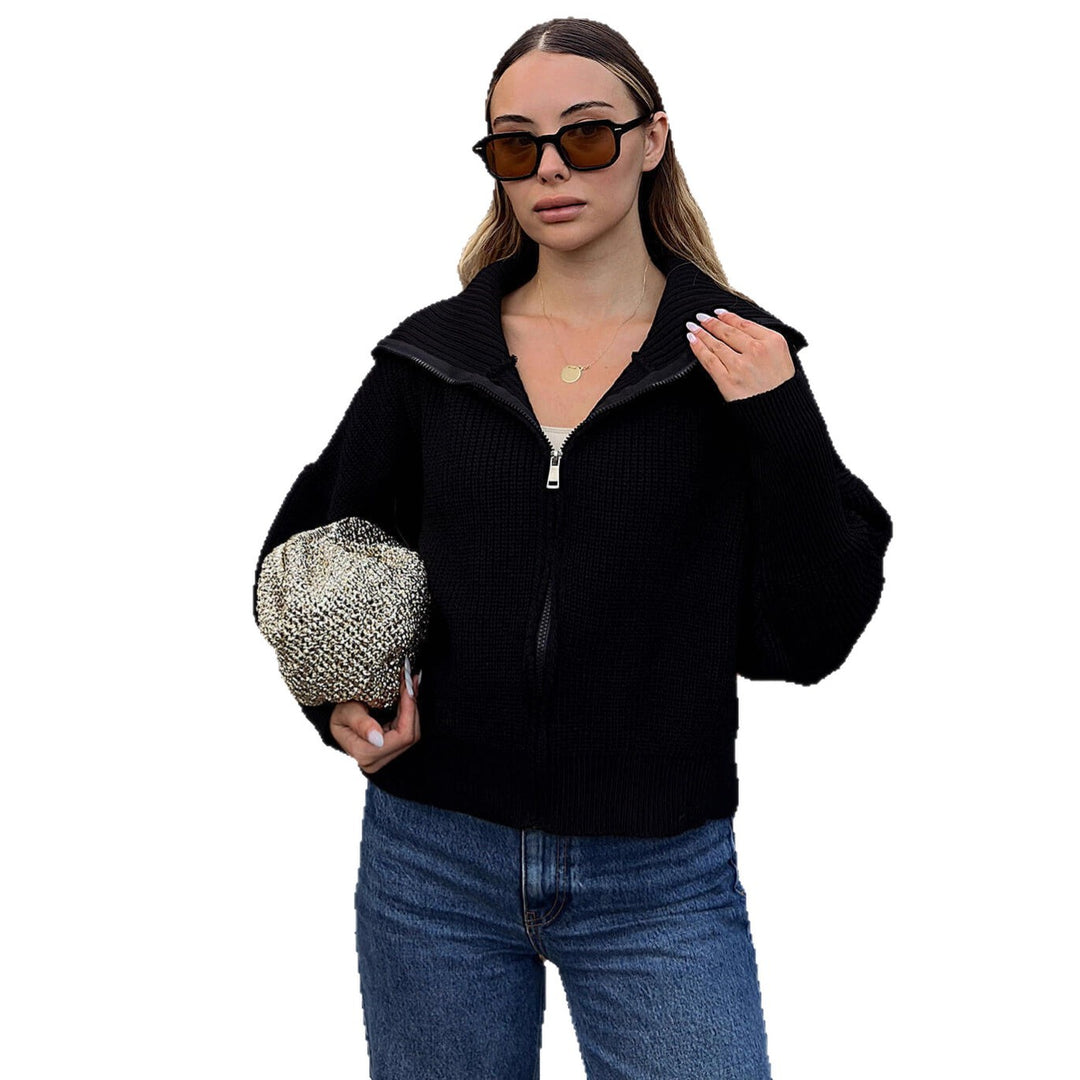 Dame Oversized Strik Cardigan med Høj Krave og Lynlås Skovae