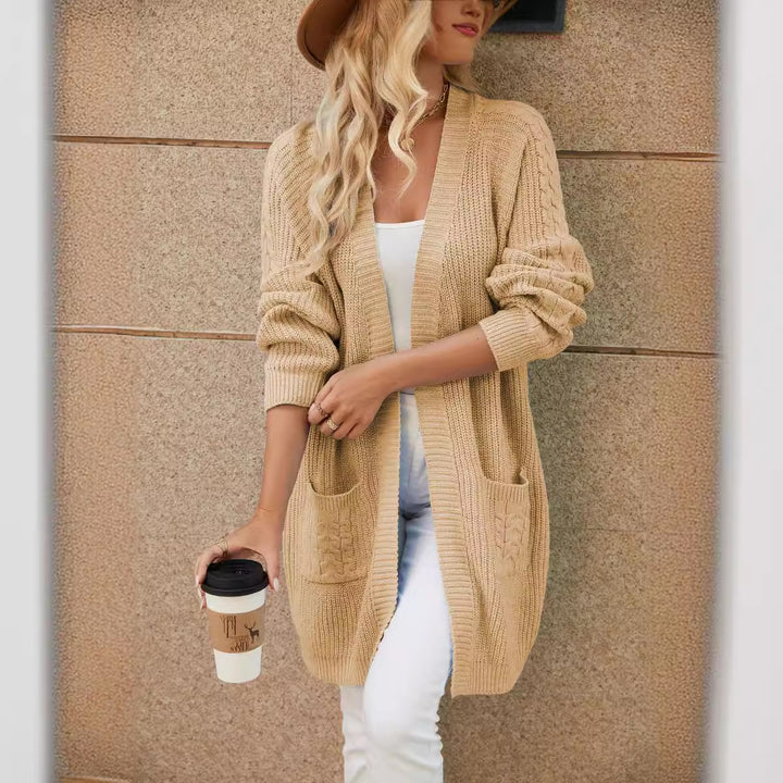 Femme Kabelstrik Åben-Front Cardigan med Lommer Stilla