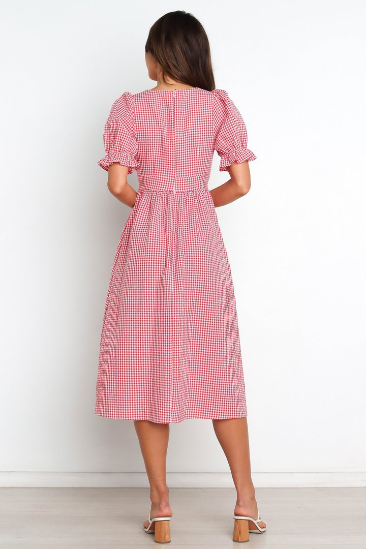 Dame V-Udskæring Gingham Midi Kjole med Puffærmer Stilla