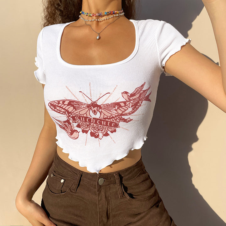 Dame Cropped Top med kreativt sommerfugledesign Skovae