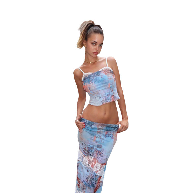 Dame maxikjole i den trendy patchwork-stil med spidsdetaljer Stilla