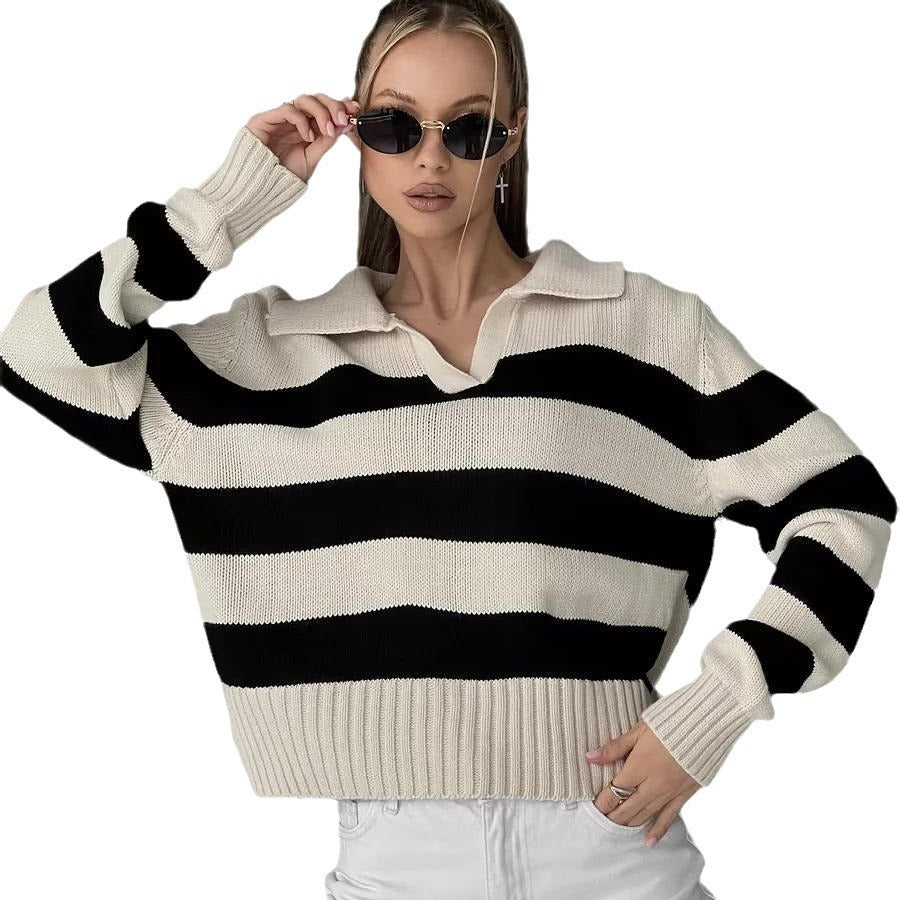 Kvinders sporty sweater med stribet mønster og krave Stilla