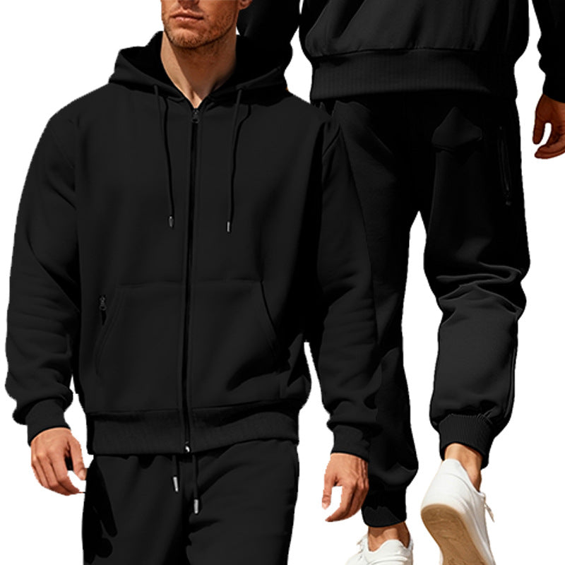 Herren nan hoodie sæt med gennemgående lynlås, kengurutaske og konisk joggingbukser med lynlåslommer Skovae