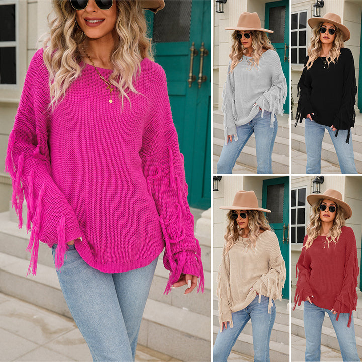 Kvinders afslappede strikket sweater med frynser og bred pasform Stilla