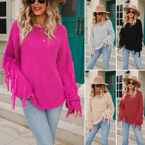 Kvinders afslappede strikket sweater med frynser og bred pasform Stilla