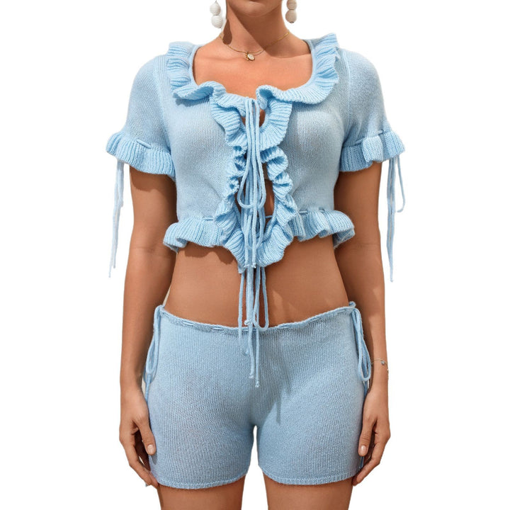 Dame Rynke Strik Crop Top og Shorts Sæt Stilla