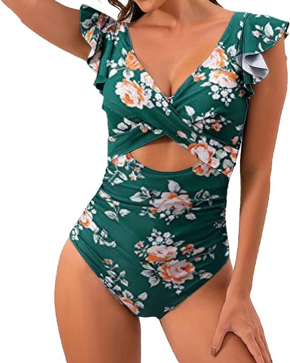 Dame Floral Badedragt med smigrende Rynk Skovae
