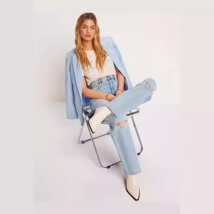 Dame High-Waist Jeans med frynsede kanter og modede revnedetaljer Skovae
