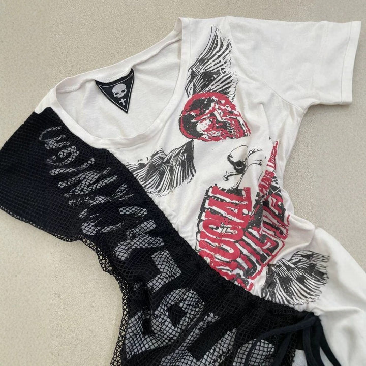 Dame afslappet T-shirt med unikt grafikdesign og sporty mesh-indlæg Skovae