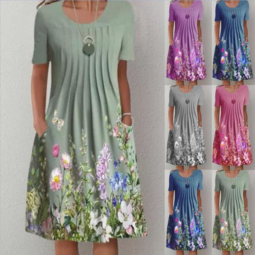 Dame Casual Kjole med blomsterdesign og plisserede detaljer Stilla