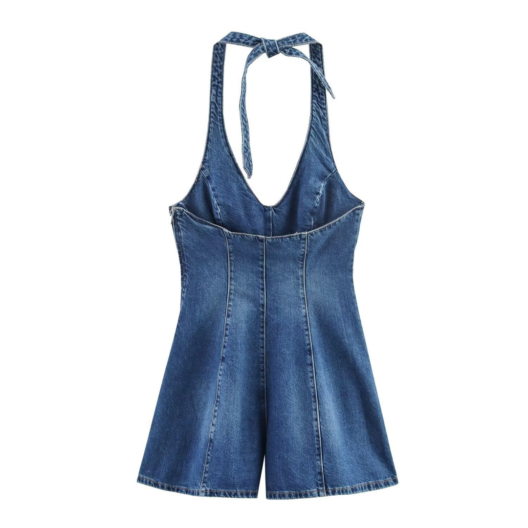 Dame jumpsuit i denim med krydsstropper Skovae