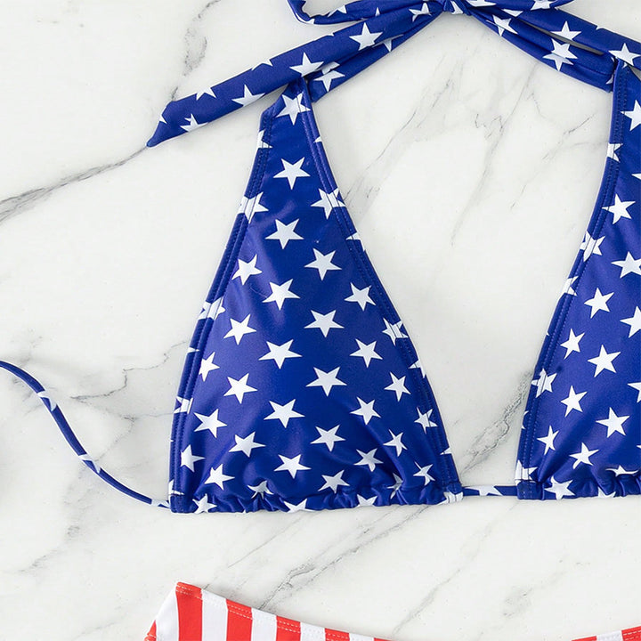 Dame Højskåren Triangel-Bikini med patriotisk tryk Skovae