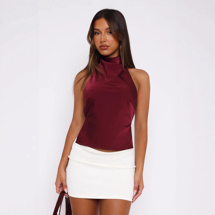 Dame Elegant Højhalset Top i Satin Skovae
