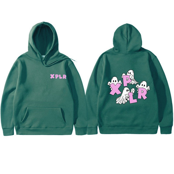 Dame hoodie med kreativt spøgelsesmotiv og kangaroo lomme Skovae