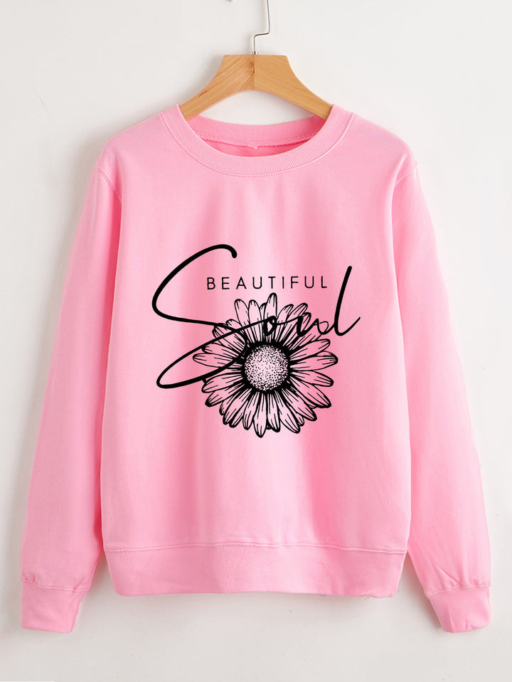 Kvindes sweatshirt med blomstermotiv og inspirerende tekst Stilla