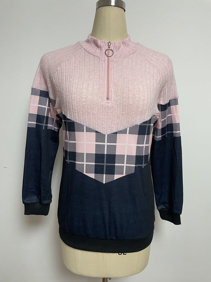 Dame nan blødgribende Sweatpullover med kort lynlås, ståkrave og ternet panel Skovae