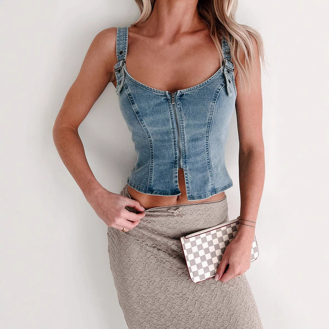 Dame Denim-Corsage med lynlås og justerbare stropper Stilla