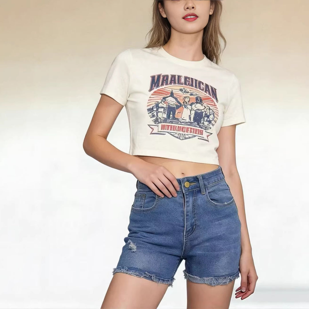 Dame afslappede højtaljede denim-shorts med frynser og fashionable destroyed-detaljer Skovae