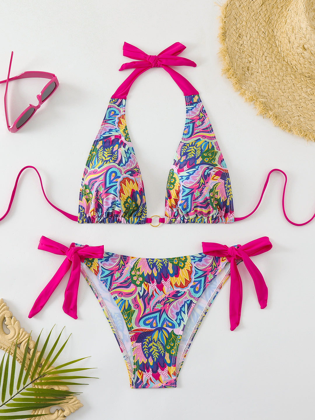 Dame Bikini-sæt med farverigt blomster-design og justerbare bindebånd Skovae