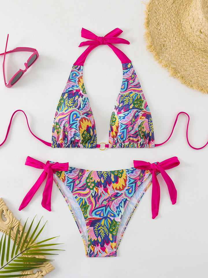Dame Bikini-sæt med farverigt blomster-design og justerbare bindebånd Skovae