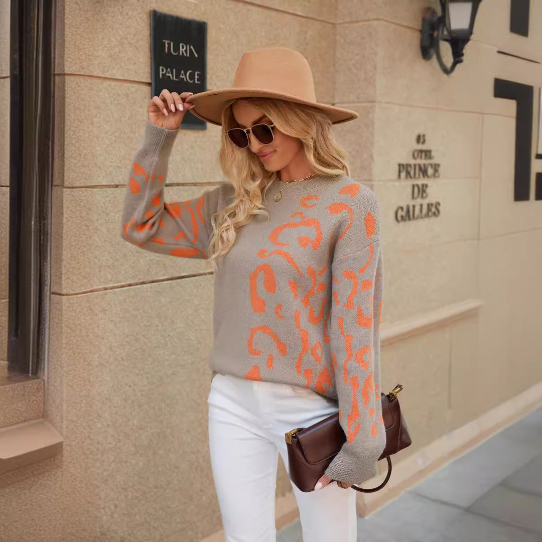 Kvinders chunky strikket sweater med iøjnefaldende leopardmønster Stilla