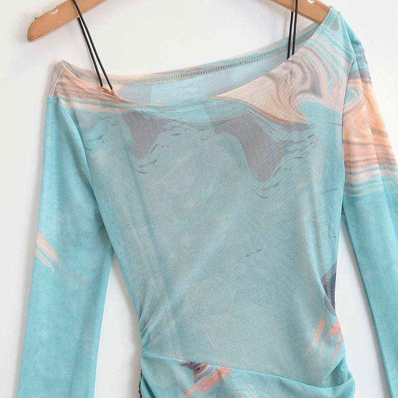 Dame Maxikjole med elegant draperingsdesign og unik marmoreringseffekt Stilla