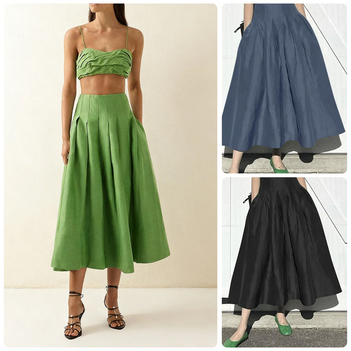Dame Elegant Midi Nederdel med Flydende Snit og Sidelommer