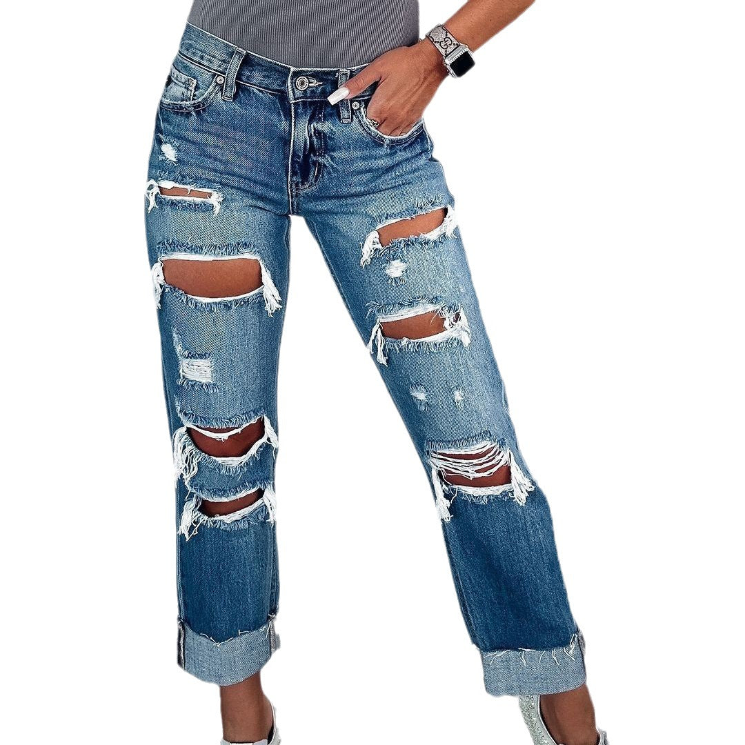 Dame Ripped Boyfriend Jeans i den trendy vintage-look med vidde ben Stilla