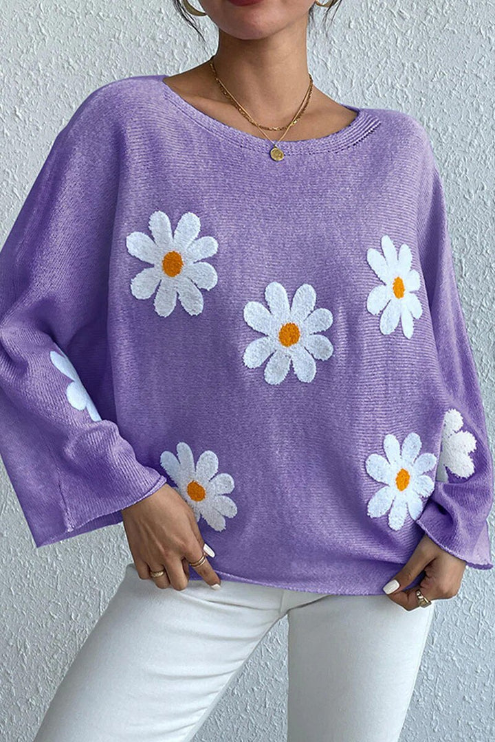 Kvindernes strikkede sweater med legende blomsterdesign og løs pasform Stilla