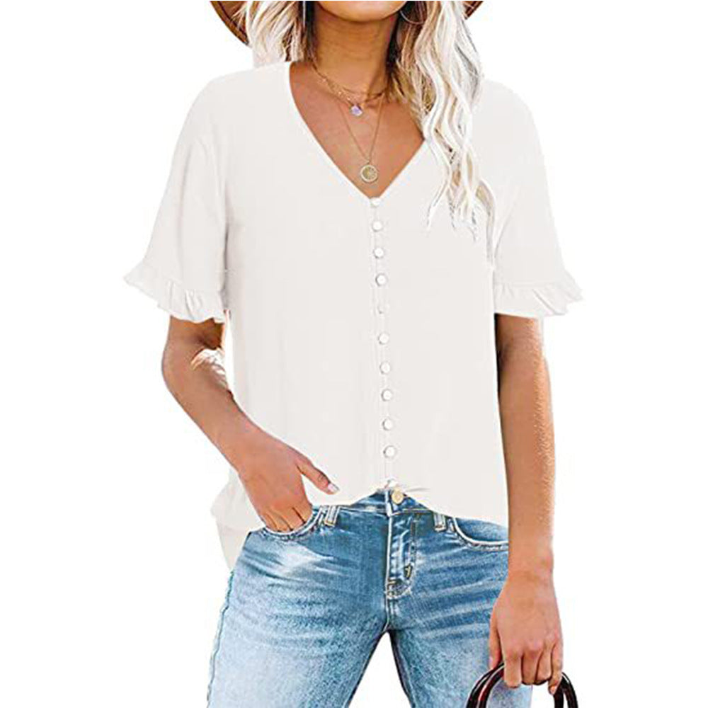Damebluse med flæseærmer og stilrene knapper Stilla