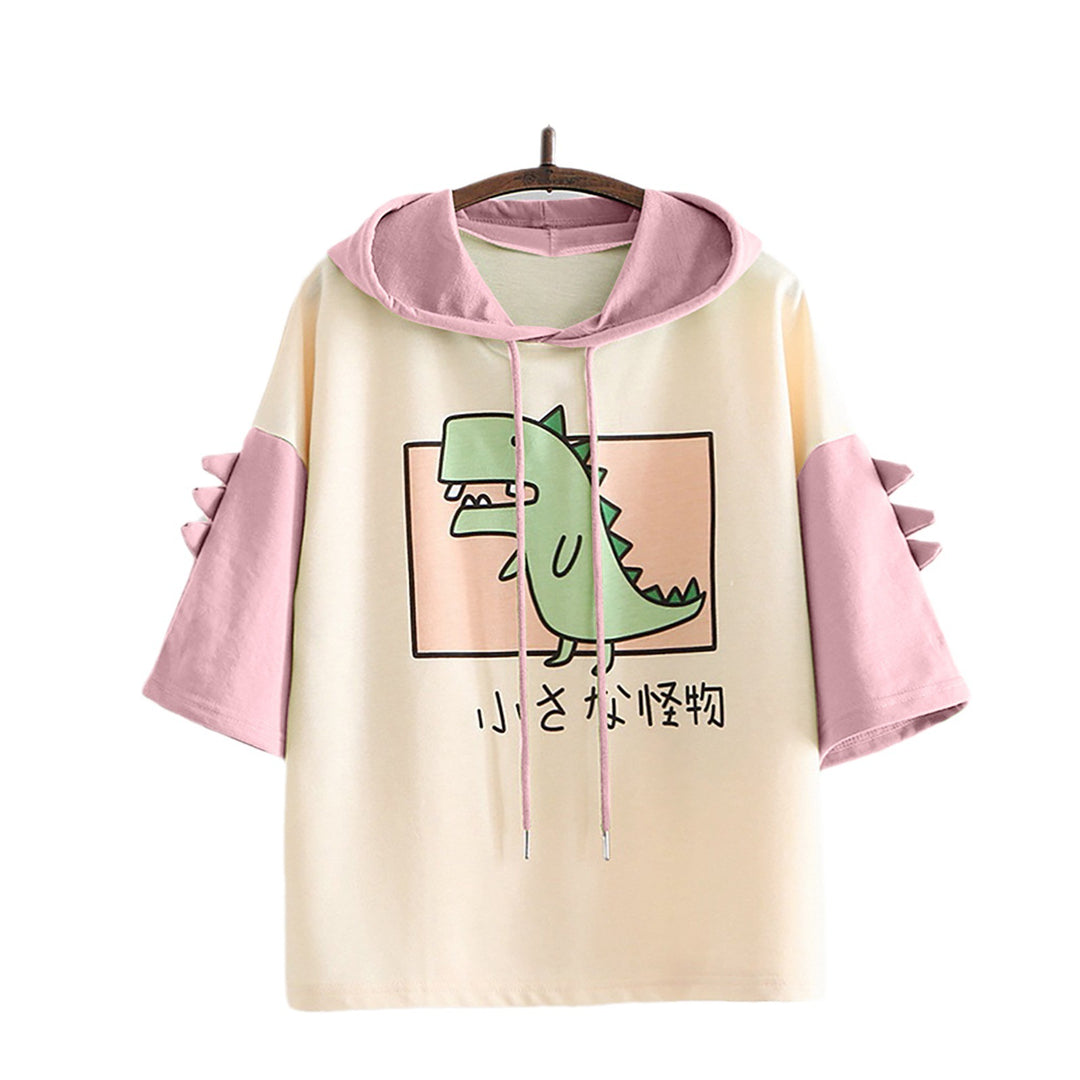 Dame Hoodie-T-shirt med spændende dino-design og stilige 3D-rugfløjter Stilla