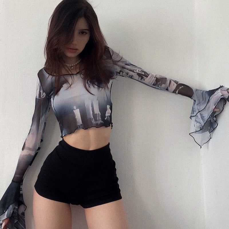 Dame Langærmet Crop-Top med kreative grafik-printdetaljer og udvidede ærmer Skovae