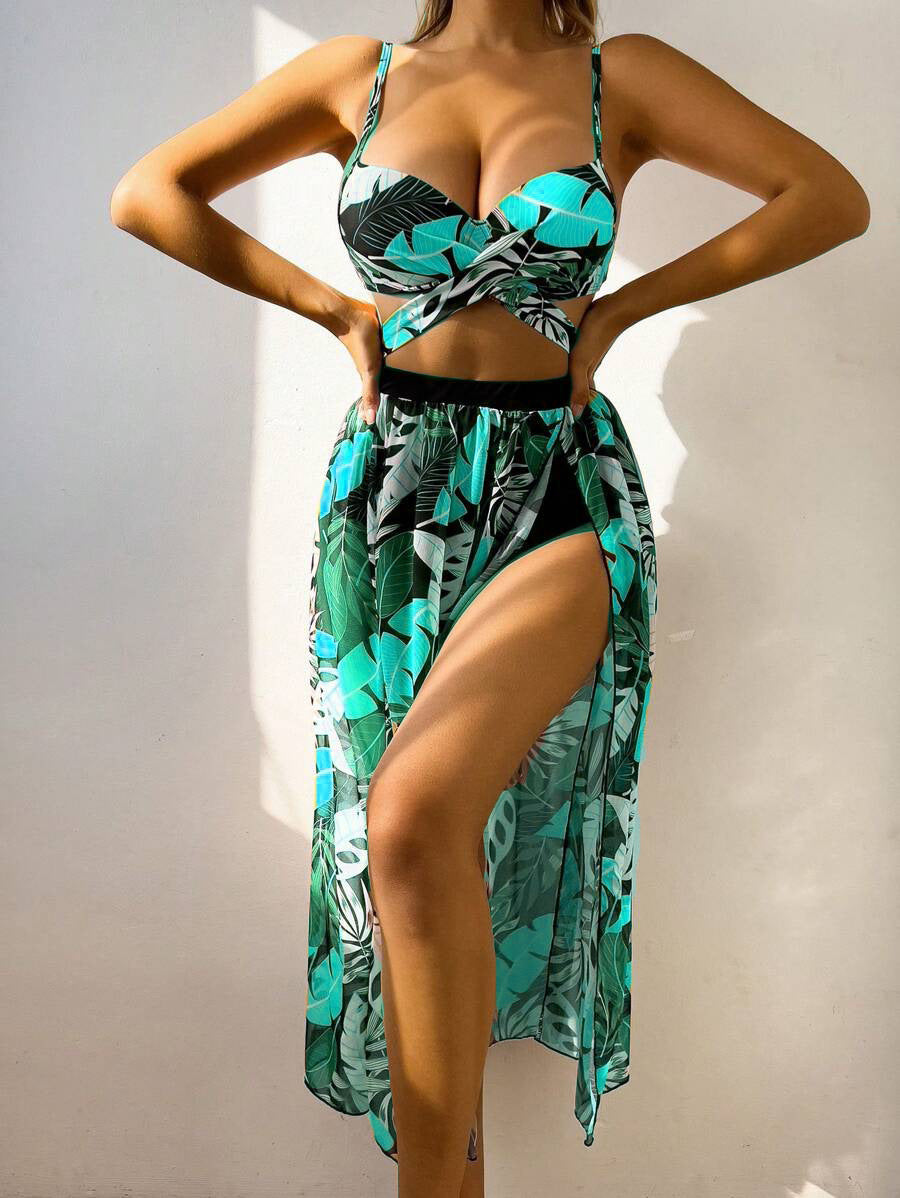 Dame bikini sæt med ekstravagant cut-out og blomster nederdel Skovae