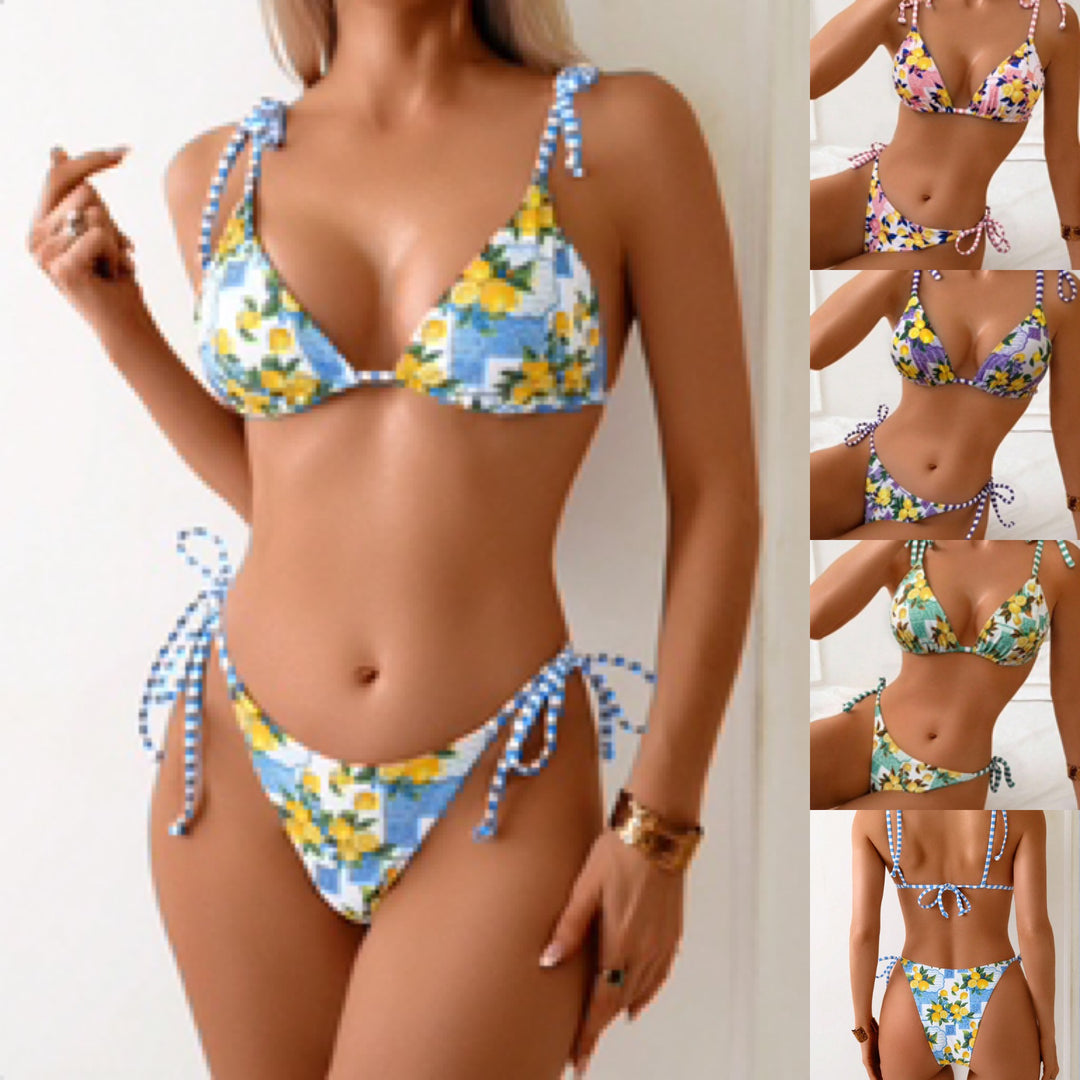 Dame Triangel-Bikini med legende blomsterdesign og justerbare stropper Skovae