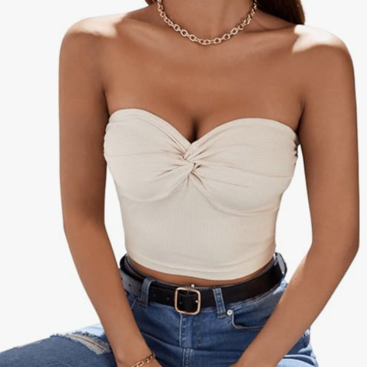 Dame Strapless Rib-Crop-Top med Dreje-Detail Stilla