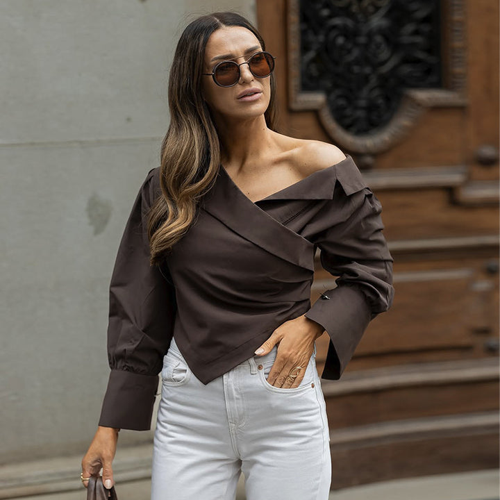 Dame smart asymmetrisk bluse med dekorativt indpakket design og puffærmer Stilla