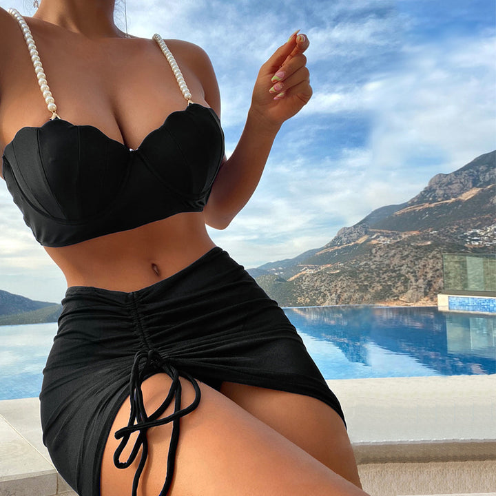 Dame bikini top med perlebesatte stropper og raffineret nederdel Stilla