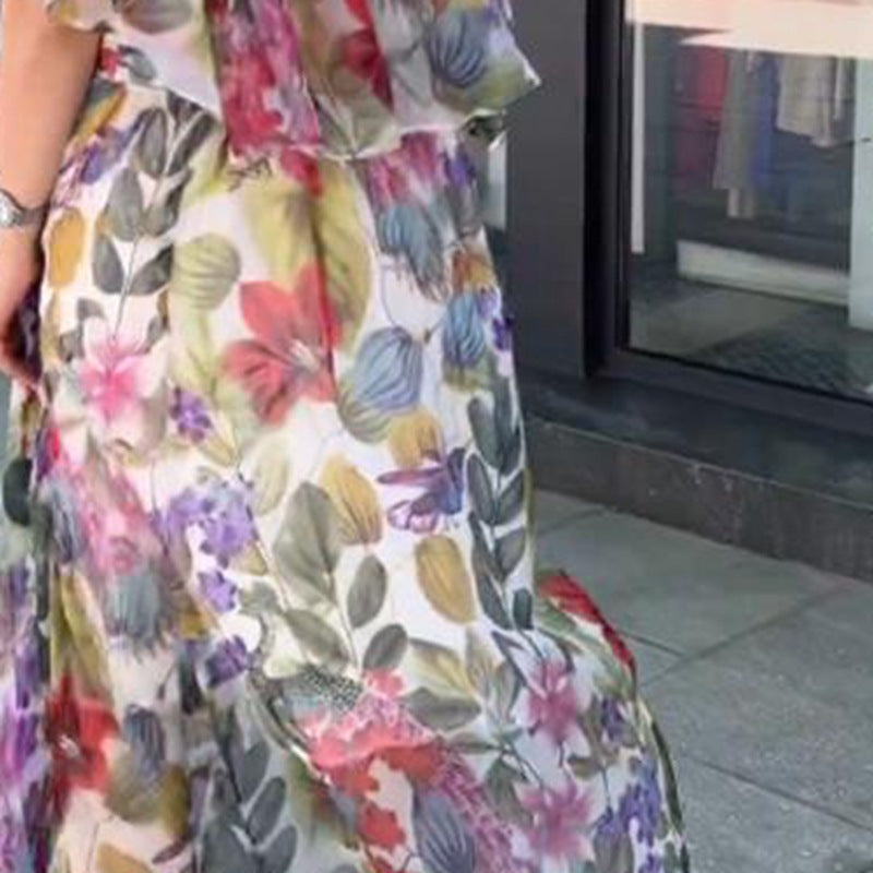 Dame nan luftig chiffon-maxikjole med blomsterprint, draperet rund halsudskæring og elastisk taljebånd Skovae