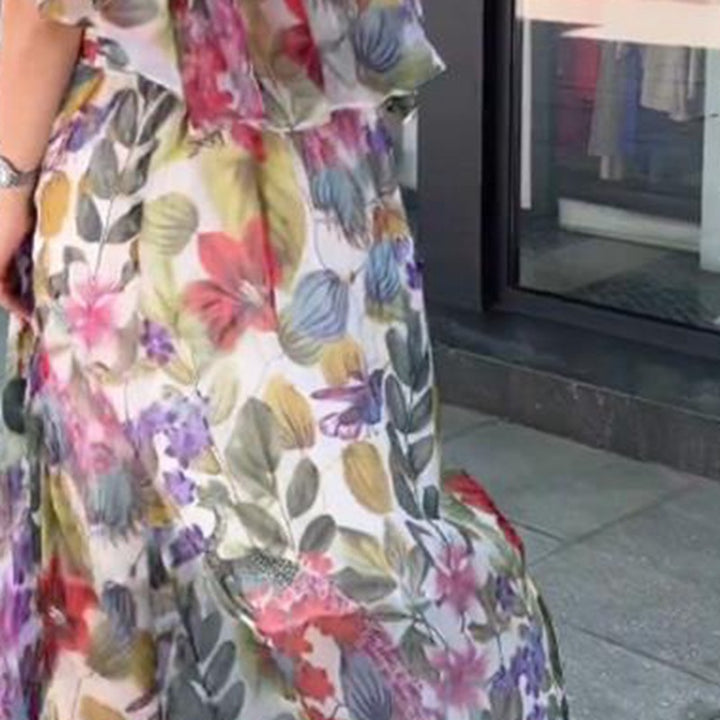 Dame nan luftig chiffon-maxikjole med blomsterprint, draperet rund halsudskæring og elastisk taljebånd Skovae