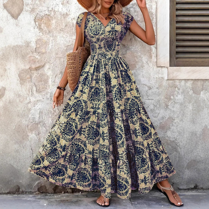 Dame Maxikjole med elegant floral-design og elastisk taljegummi Stilla