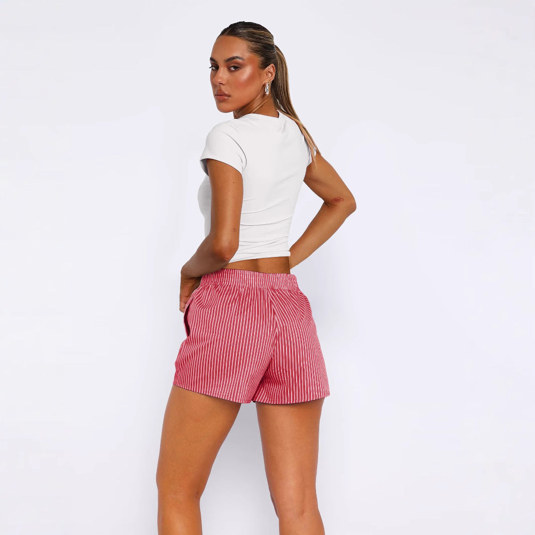 Dame bomulds-shorts med elastisk talje og stribemønster Stilla