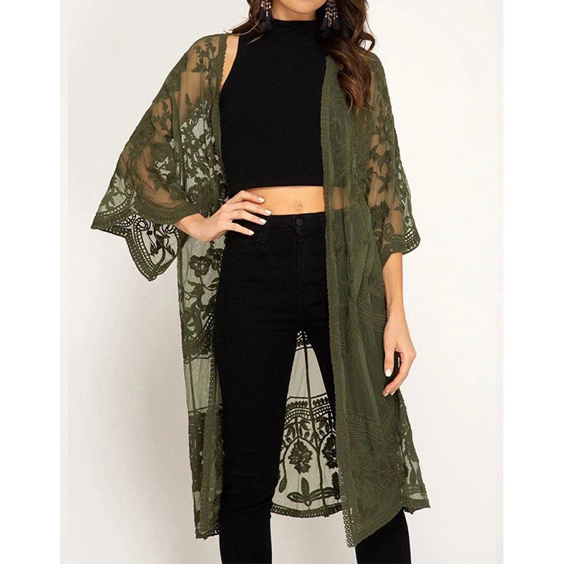 Dame luftig Crochet-Kimono med blomsterdetaljer Stilla