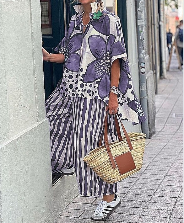 Dame Stilfuldt Floralprint Poncho og Bred-Bukser Sæt Stilla