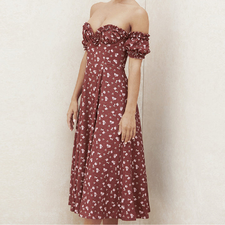 Dame Off-Shoulder Midikjole med Flæse og Florale Accenter Stilla