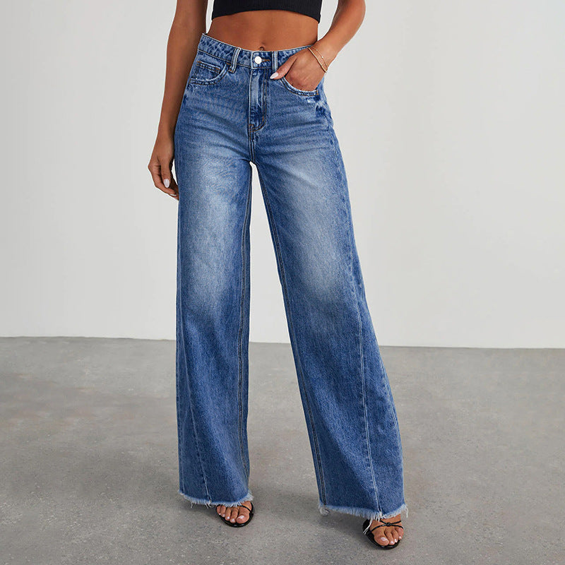 Dame løst skåret højtaljede jeans med frynset søm Stilla