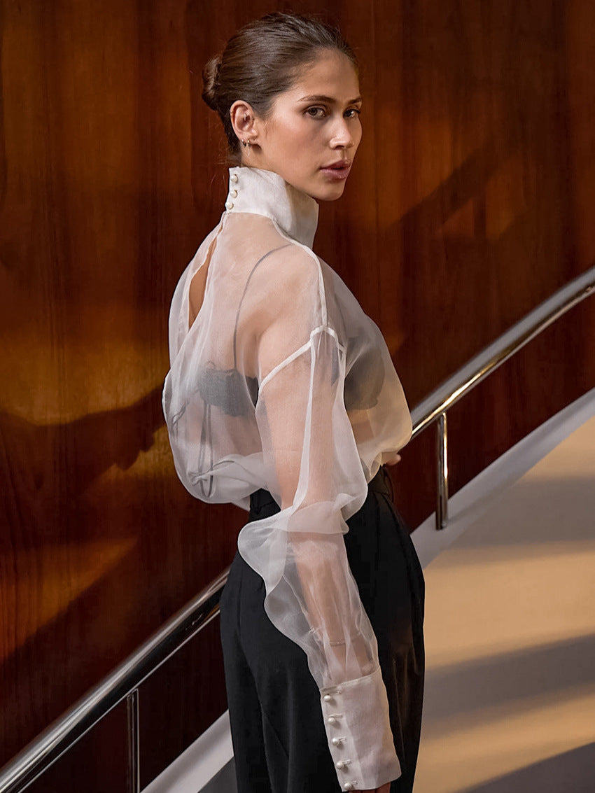 Dame Gennemsigtig Chiffonbluse med højt Krave og elegante Puffærmer Stilla