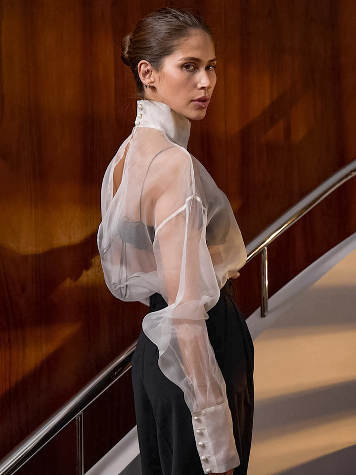 Dame Gennemsigtig Chiffonbluse med højt Krave og elegante Puffærmer Stilla