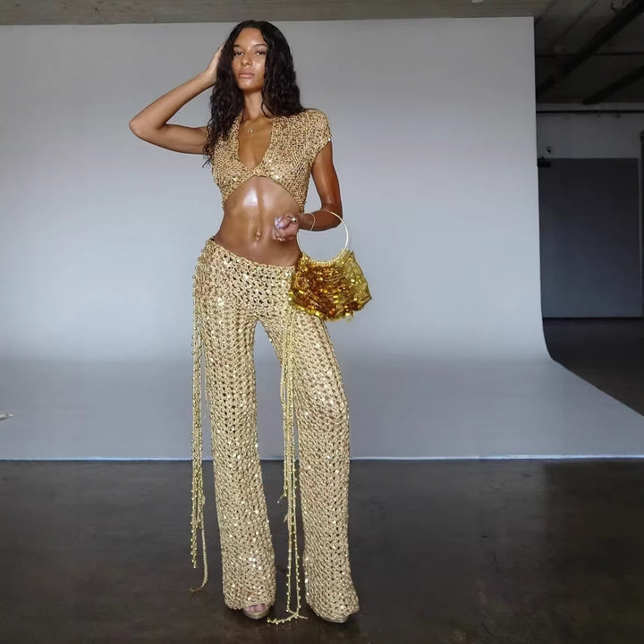 Damer Glitrende Festival-outfit med kort nederdel og bandeau-top Skovae