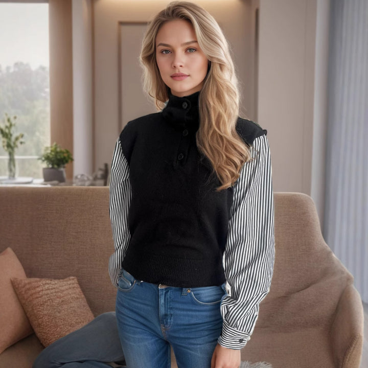 Dame strikket sweater med elegante puffærmer og moderne opretstående krave Stilla