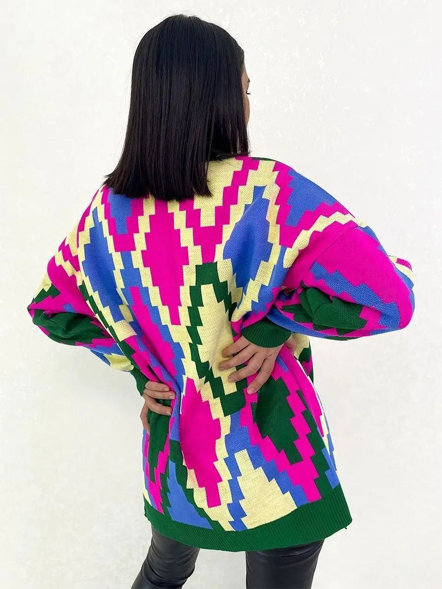 Dame Oversized Strikpullover med grafisk Jacquard-mønster og afslappet snit Stilla